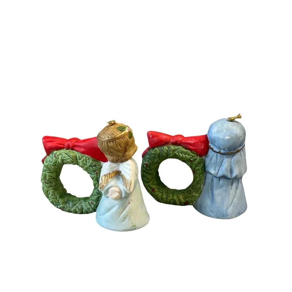 VTG‎ Jasco Lil Chimers Ceramic Christmas Angel Shepherd Napkin Rings Set Of 2